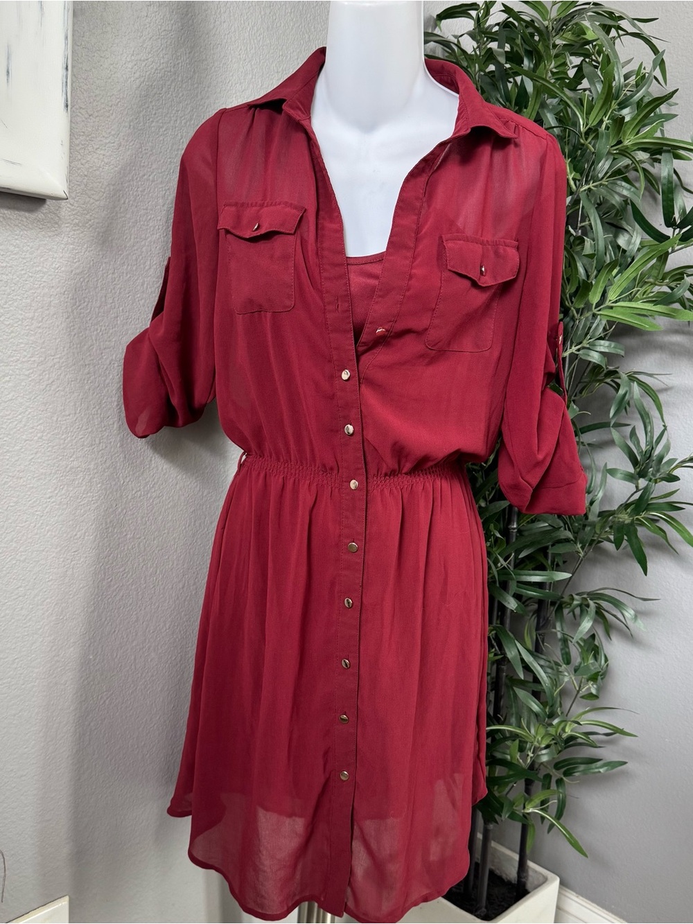 Women's Button-Front Shirtdress in Deep Red